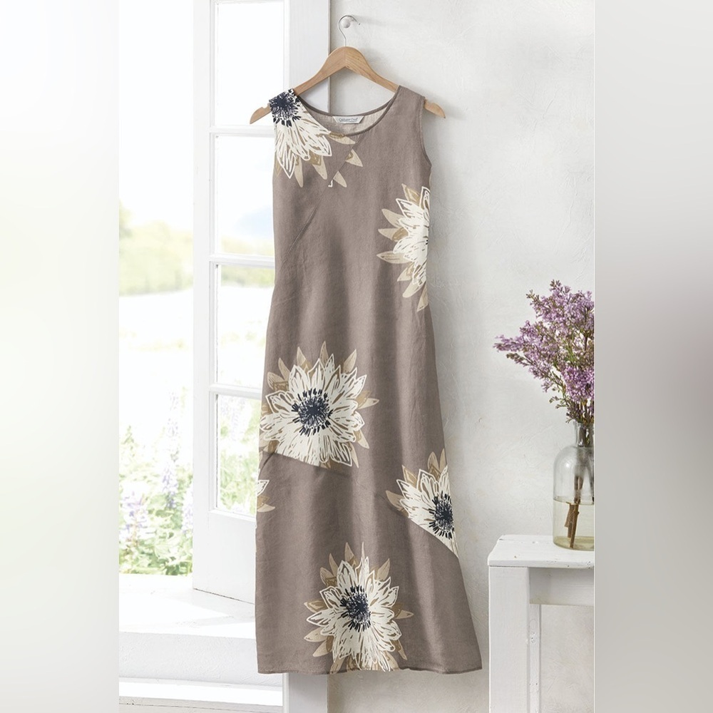 Coldwater Creek Bold Impressions Linen Dress brown midi size 22W